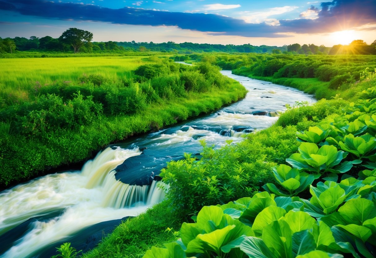 A vibrant, green landscape with a flowing river and lush vegetation, symbolizing the concept of liver health and detoxification