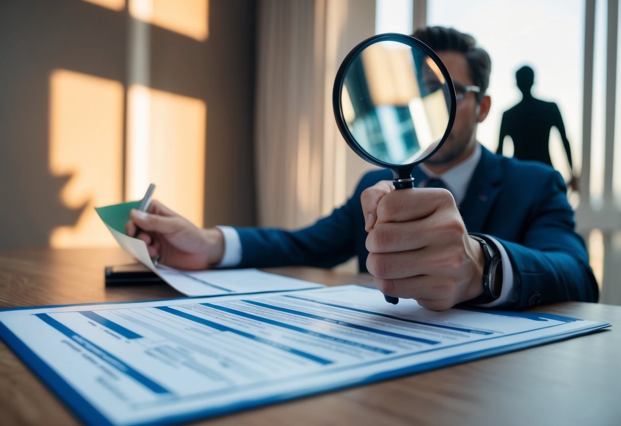 A person examining a rental agreement with a magnifying glass, while a shadowy figure lurks in the background