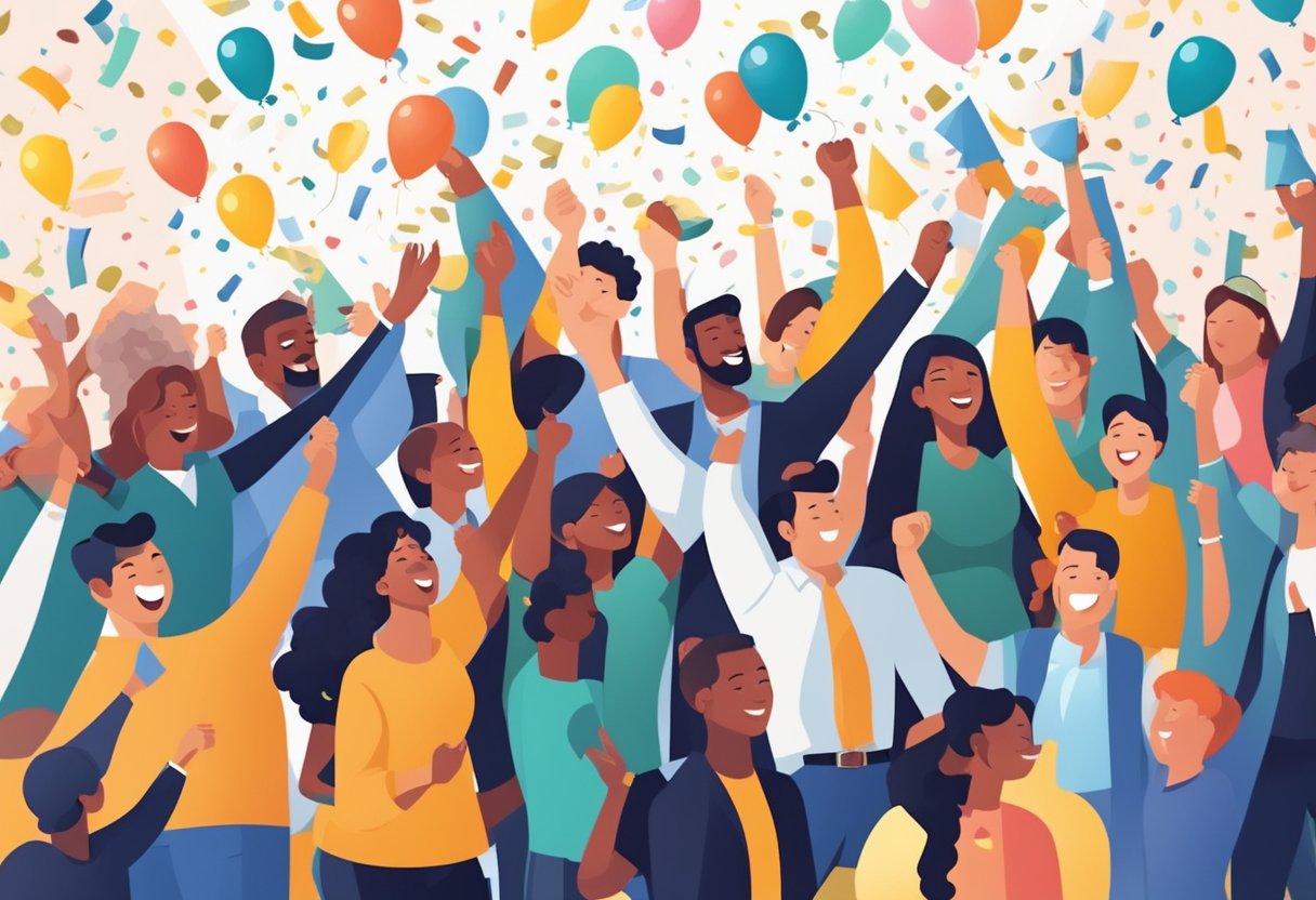 A diverse group of people celebrating and achieving success, symbolized through various visual elements such as confetti, balloons, and a sense of accomplishment