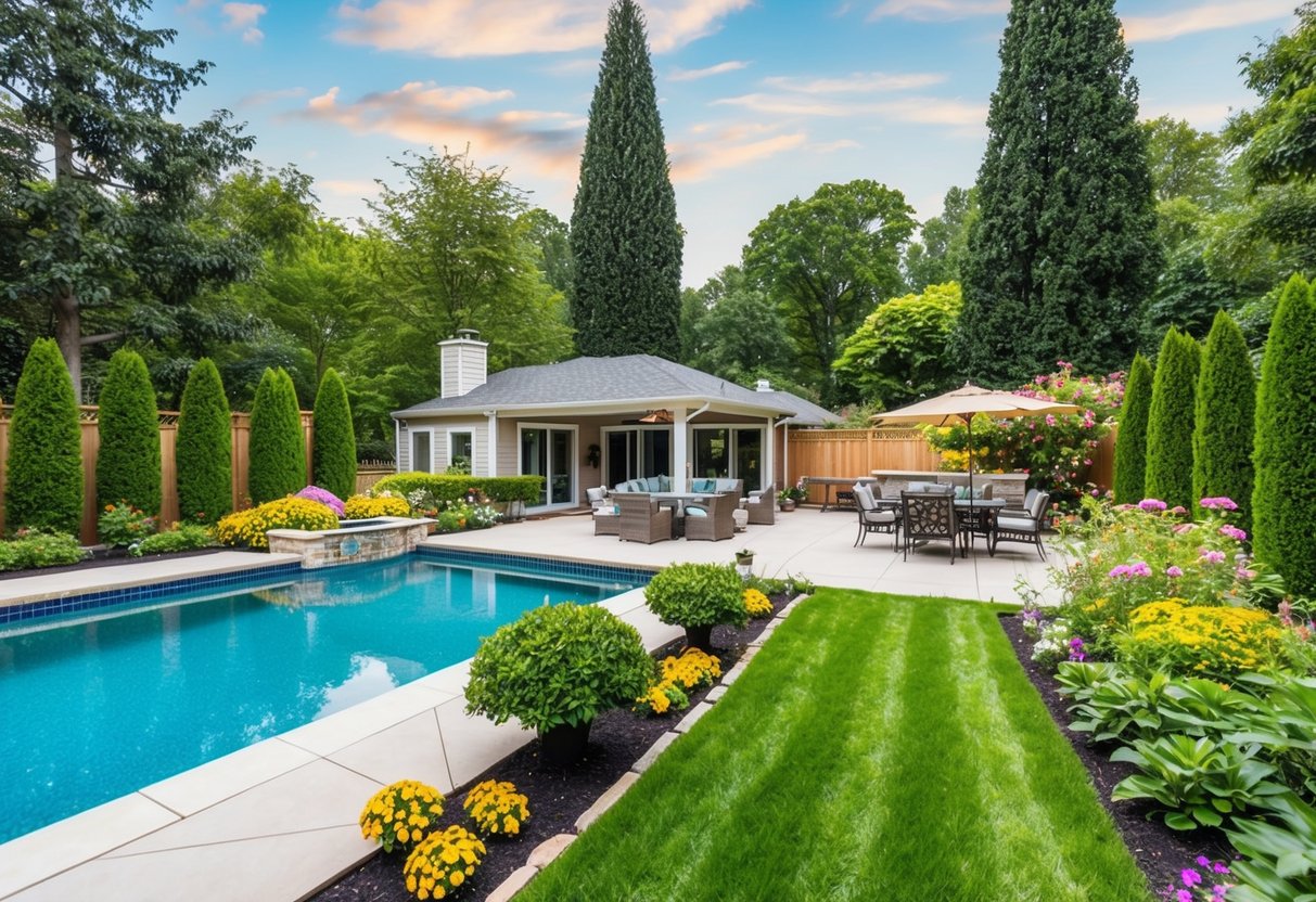 A spacious backyard with a lush garden, a cozy patio, and a sparkling pool, surrounded by tall trees and colorful flowers