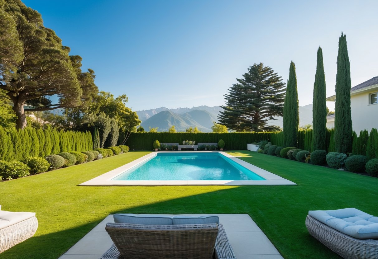 Lush green backyard with a sparkling pool, surrounded by tall trees and a view of the mountains in the distance