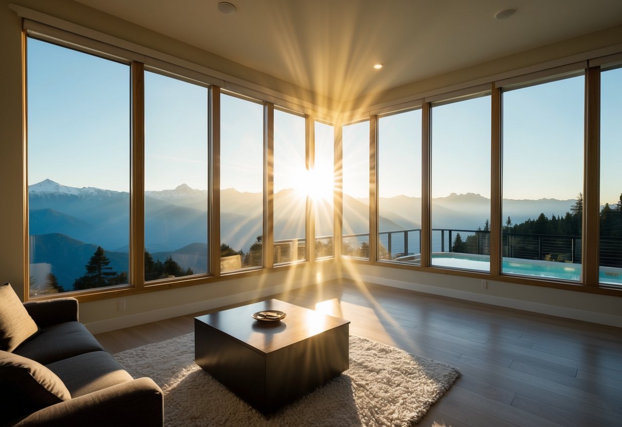 Expansive windows overlook a serene mountain range, with sunlight streaming in and casting a warm glow over the spacious living area