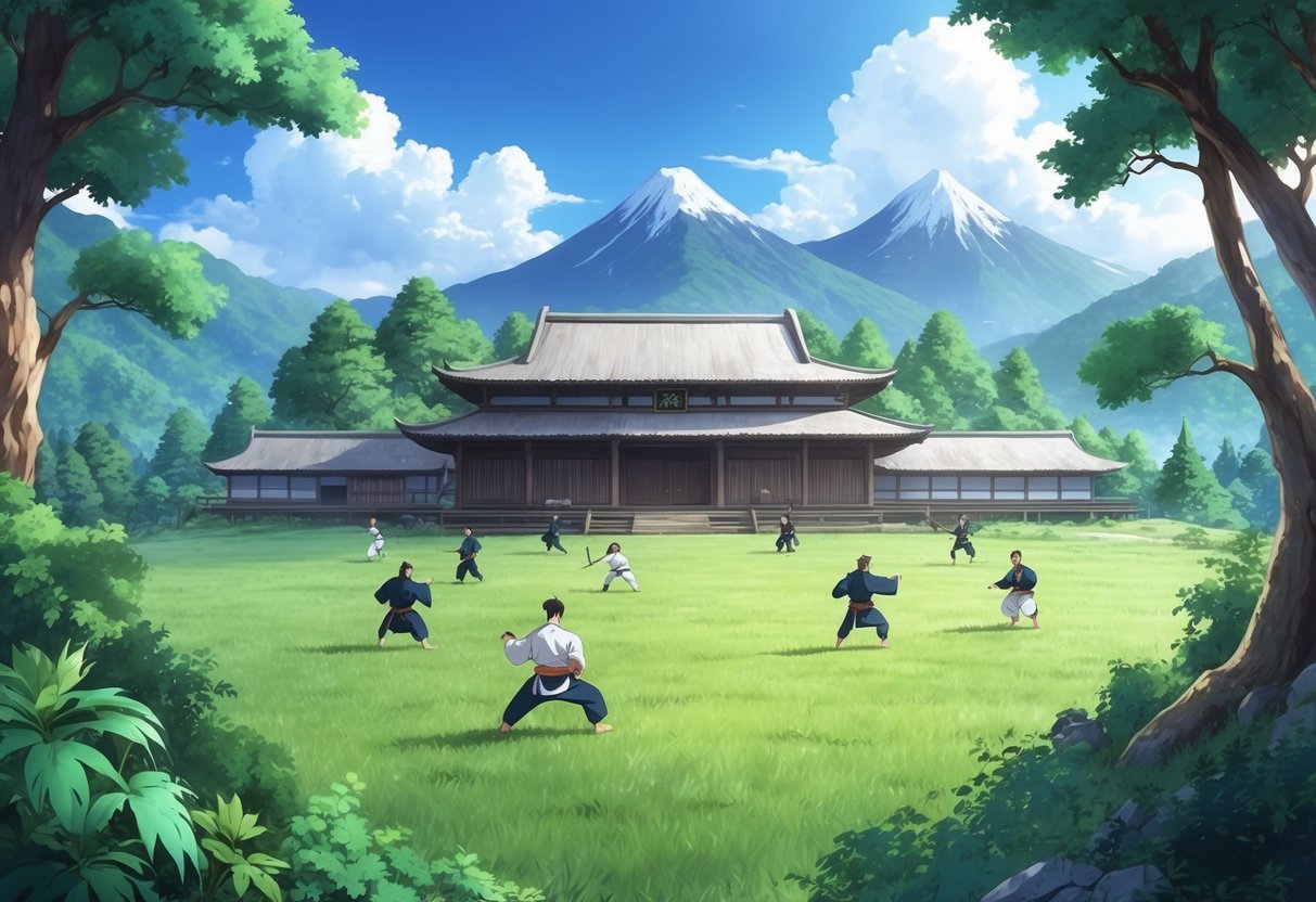 A serene mountaintop dojo surrounded by lush greenery, with ancient martial arts masters practicing their craft in the background