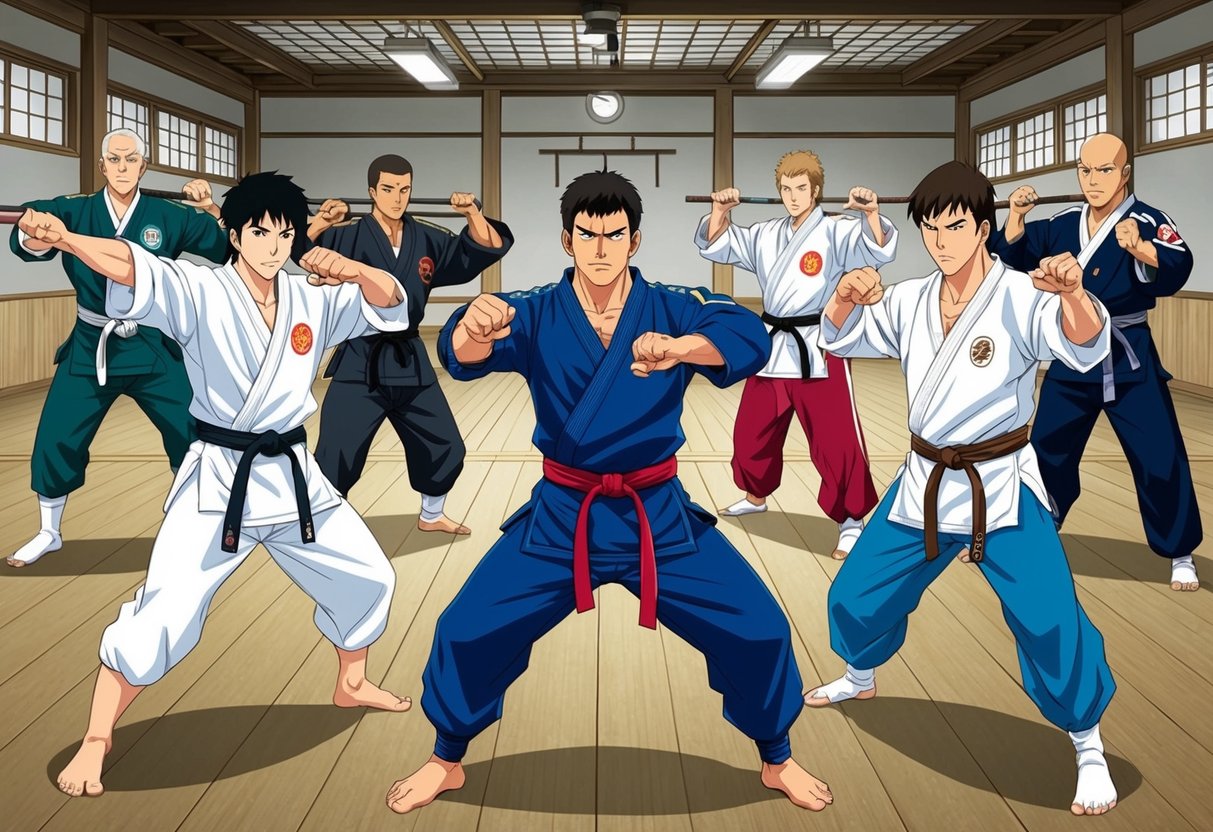 A dojo with students practicing various martial arts techniques, each representing a different country's specialization