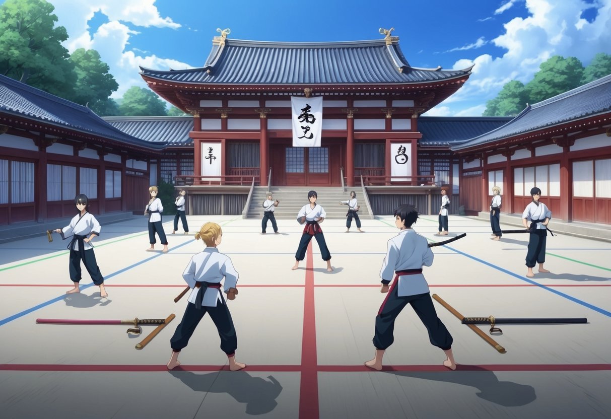 A serene dojo with traditional Japanese architecture, adorned with martial arts weapons and symbols from various countries. Students in uniform practicing different disciplines