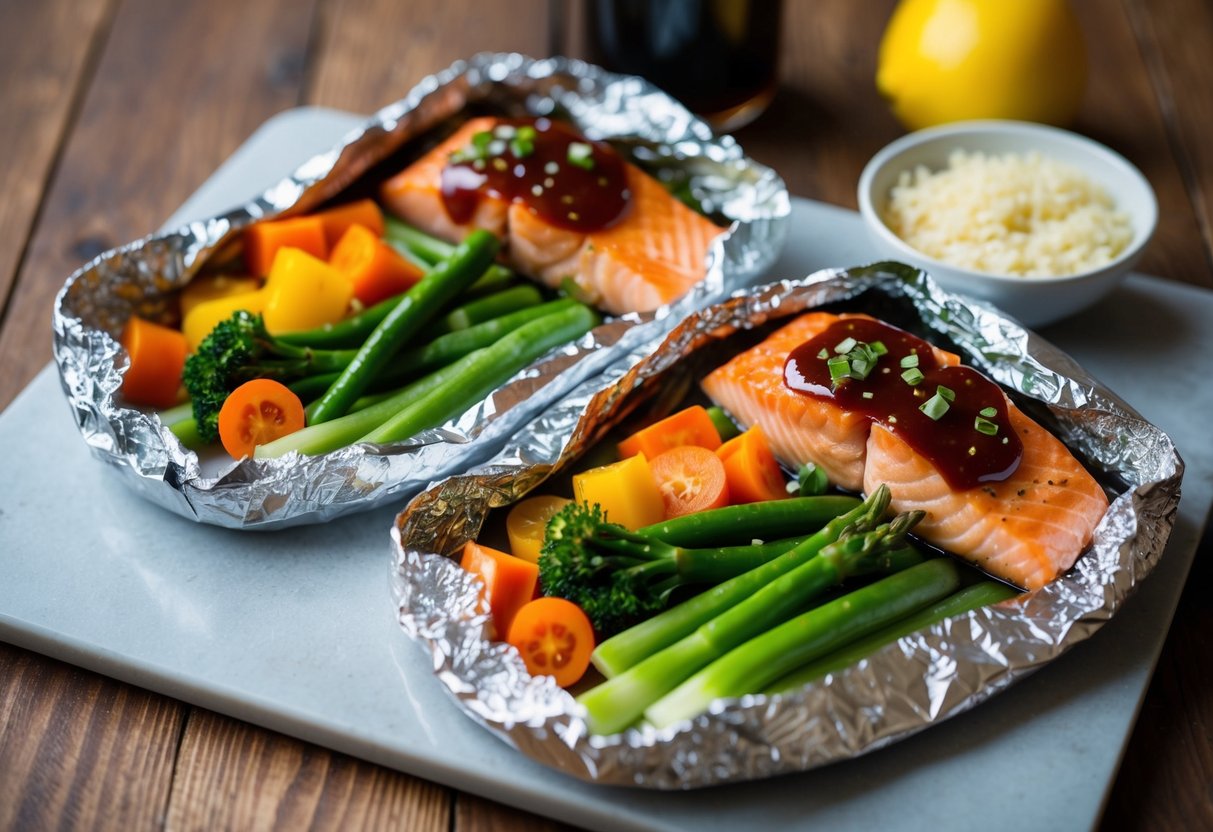 A colorful array of vegetables, salmon, and teriyaki sauce enclosed in foil packets, ready to be grilled or baked