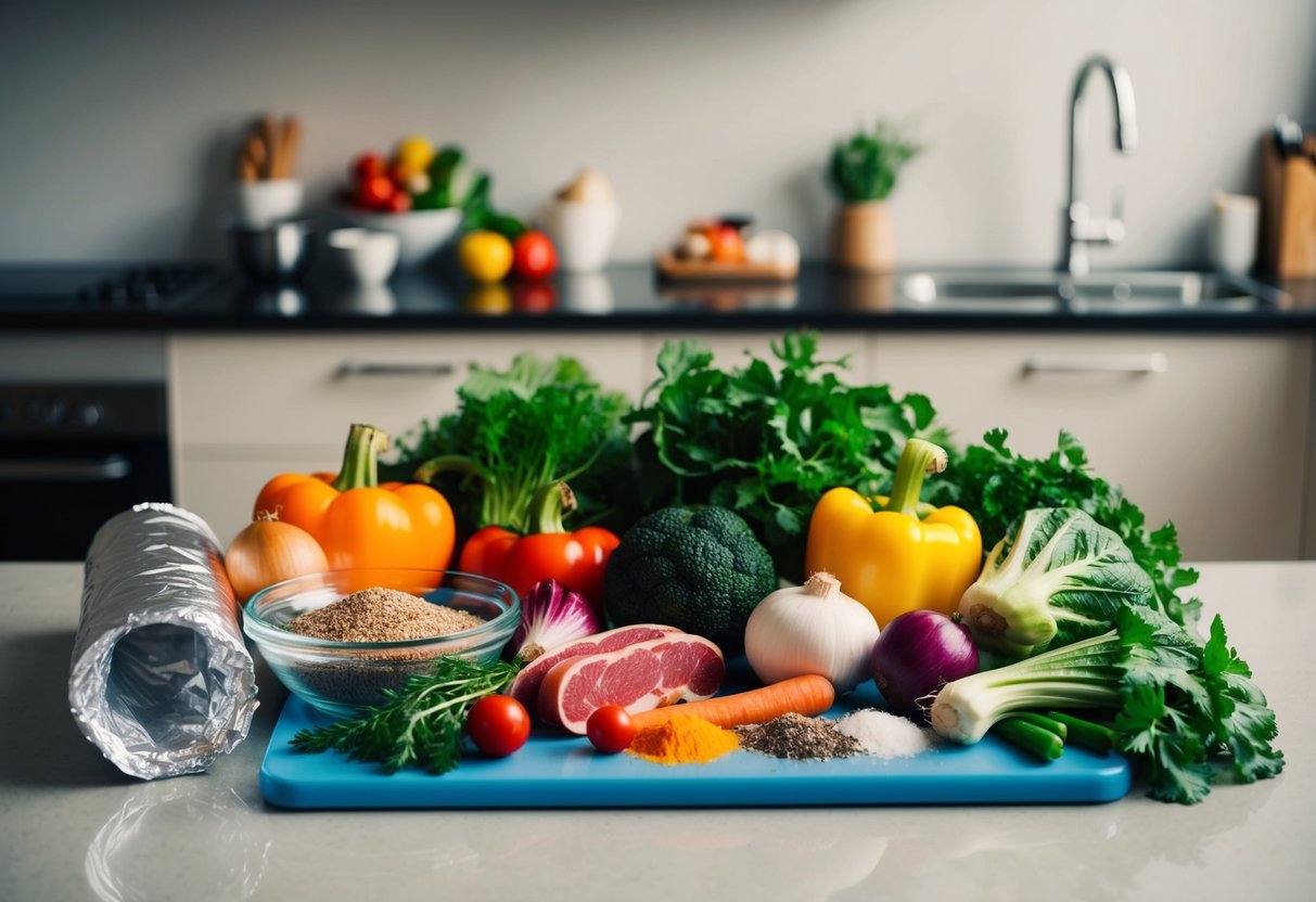 A colorful array of fresh ingredients, including vegetables, meats, and seasonings, arranged on a clean countertop next to a roll of aluminum foil