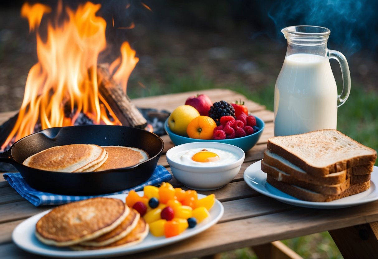 A campfire with a cast-iron skillet cooking pancakes, a colorful assortment of fresh fruits, a bowl of yogurt, a stack of whole grain toast, and a jug of milk on a picnic table