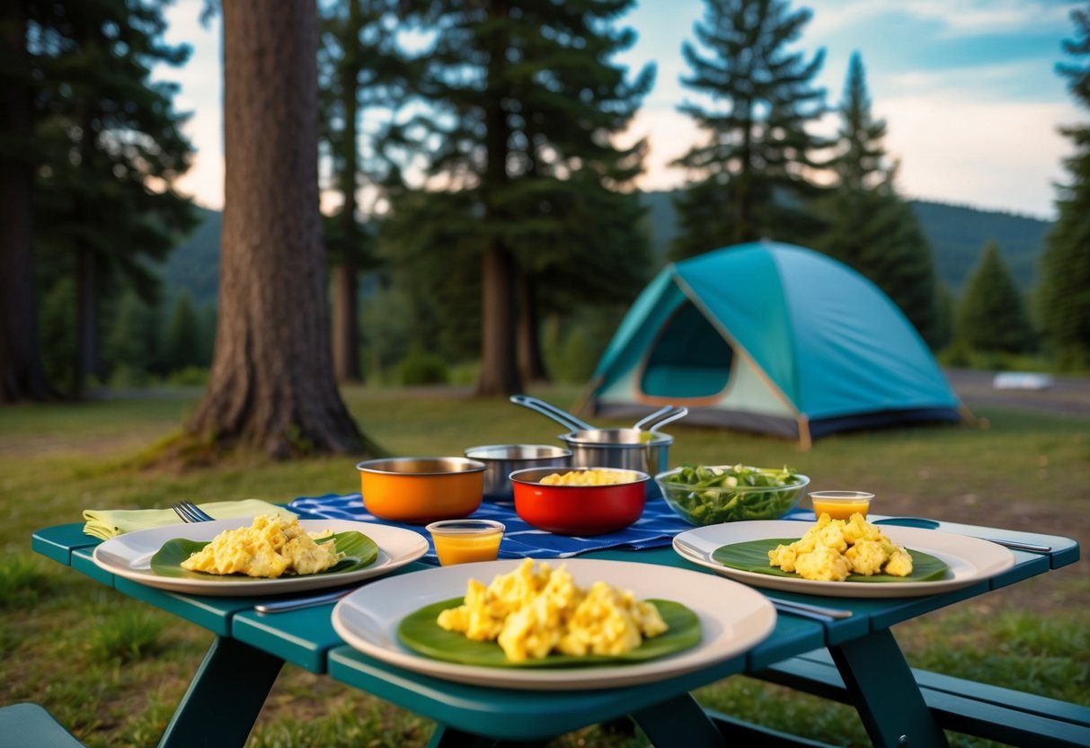 A camping scene with a picnic table set with ingredients for making scrambled egg wraps, surrounded by trees and a tent in the background