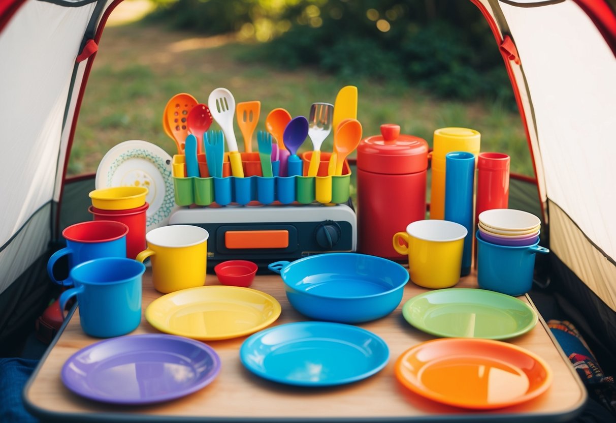 A colorful array of child-sized cooking utensils, plates, and cups neatly organized in a compact camping kitchen set-up