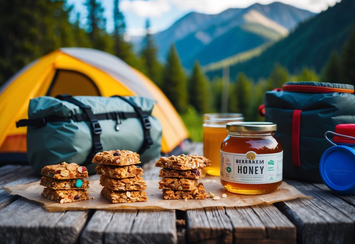 A colorful array of granola bars and a jar of honey sit on a rustic wooden table, surrounded by camping gear and a backdrop of trees and mountains