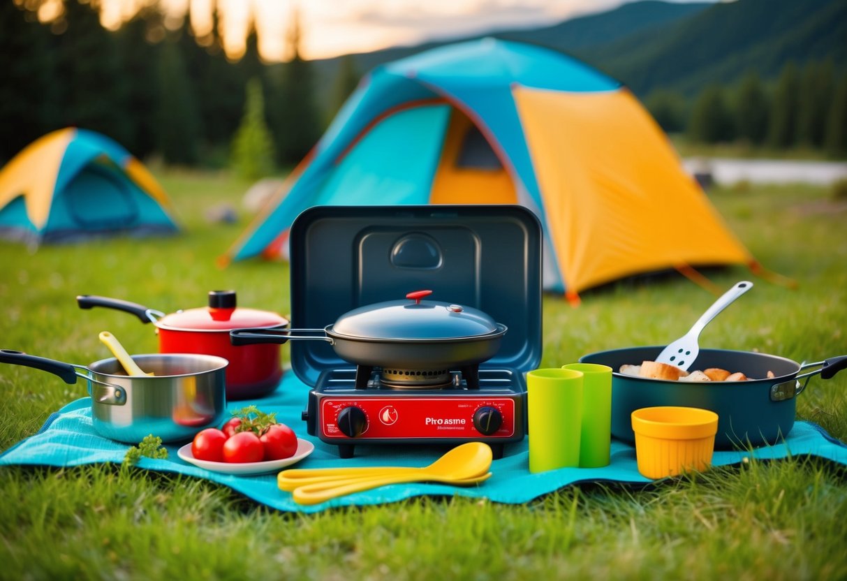A family camping scene with a portable propane stove surrounded by kid-friendly cooking utensils and ingredients, set against a backdrop of a scenic outdoor campsite