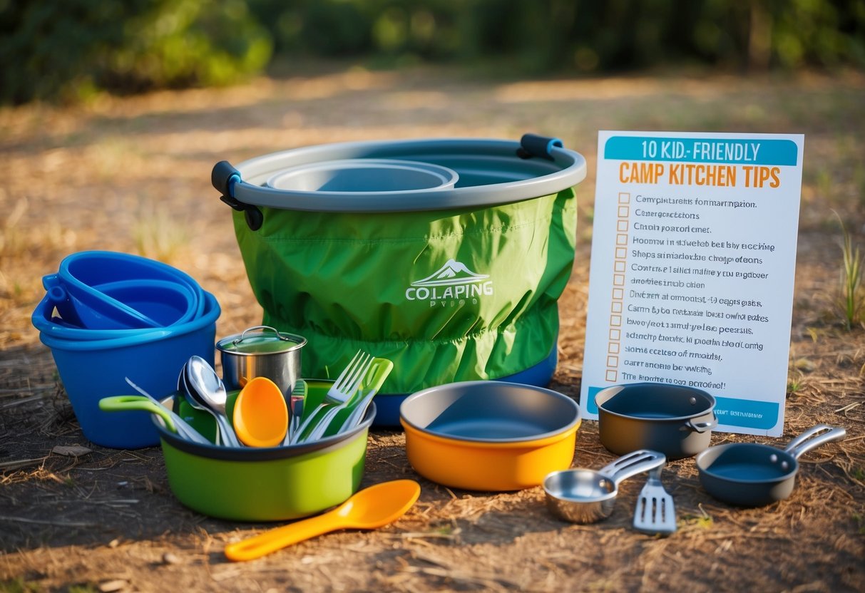 A collapsible dish tub surrounded by camping cookware and utensils, with a checklist of 10 kid-friendly camp kitchen packing tips nearby