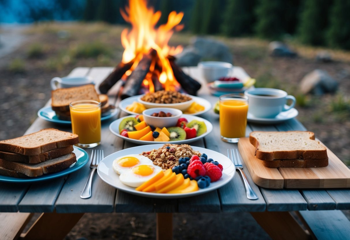 A campfire breakfast spread with a variety of nutritious foods, such as fruits, yogurt, granola, eggs, and whole grain toast, laid out on a picnic table in a scenic outdoor setting