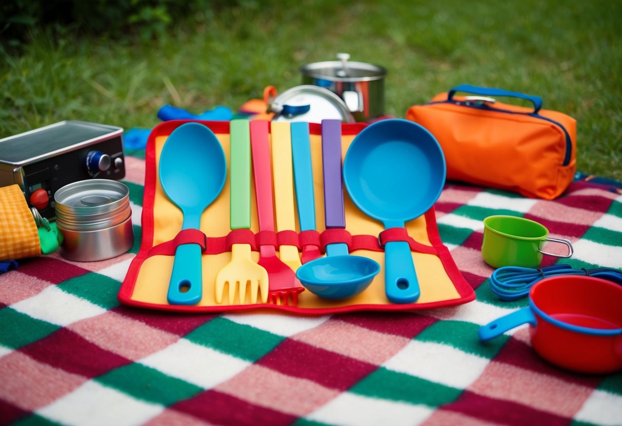 A colorful kid-sized utensil set arranged on a checkered picnic blanket with various camping items scattered around