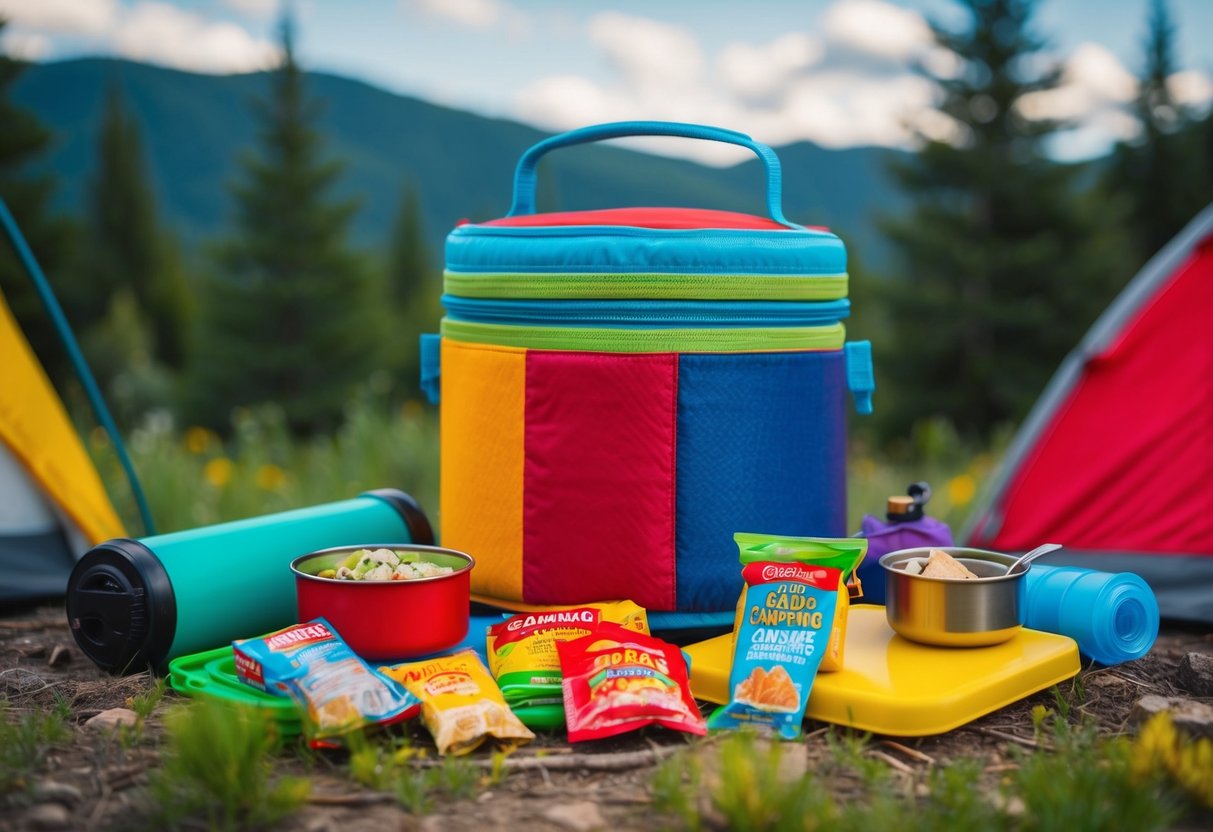 A colorful insulated lunchbox filled with kid-friendly camping food items, surrounded by camping gear and nature backdrop