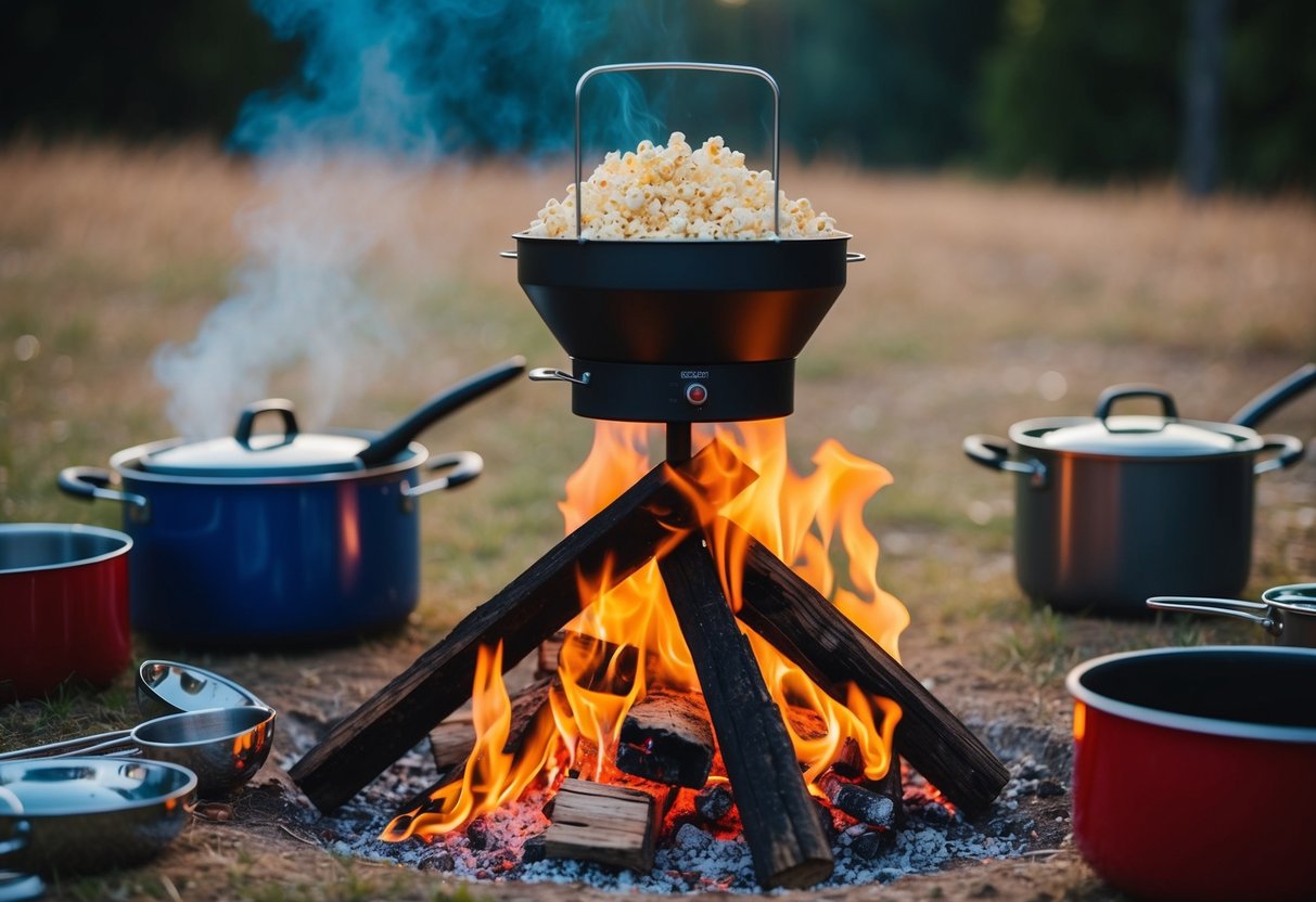 A campfire with a popcorn popper over the flames, surrounded by camping cookware and utensils