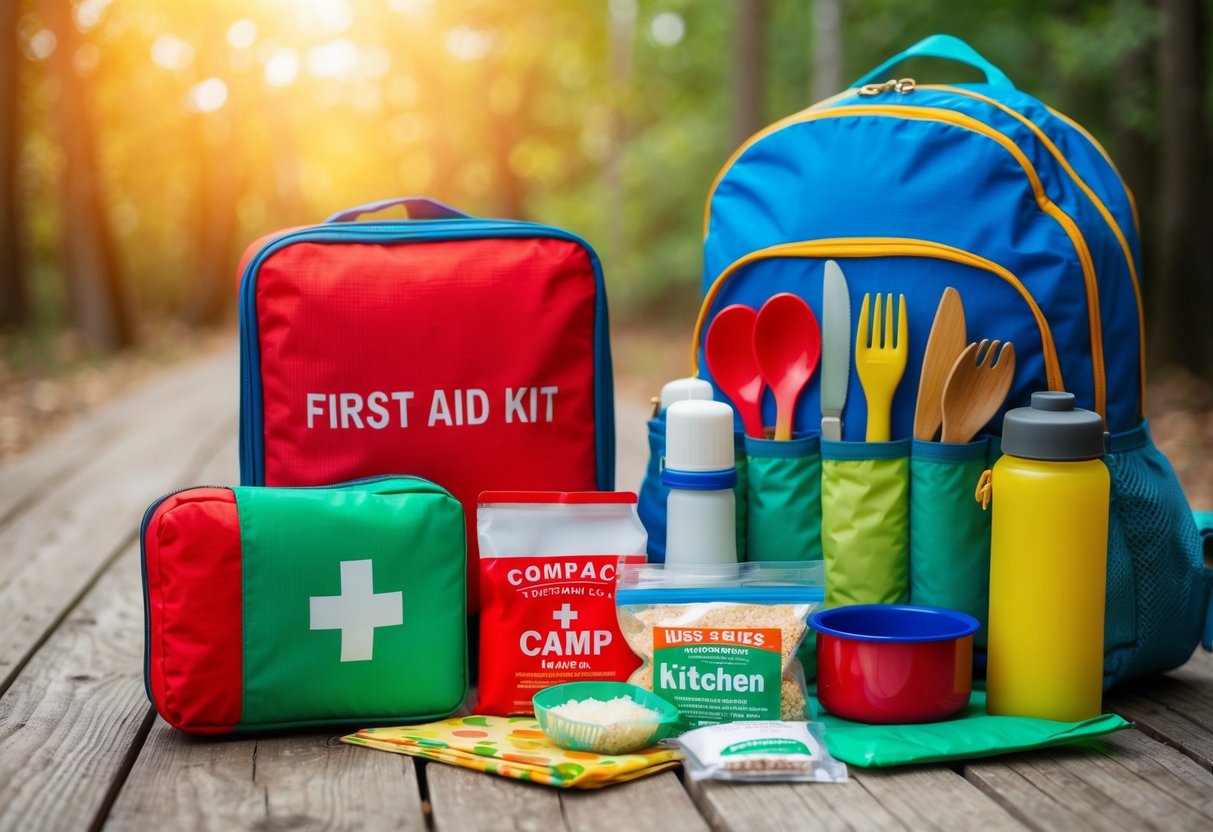 A colorful and compact first aid kit sits next to a neatly organized camp kitchen, with kid-friendly utensils and ingredients neatly packed in a backpack