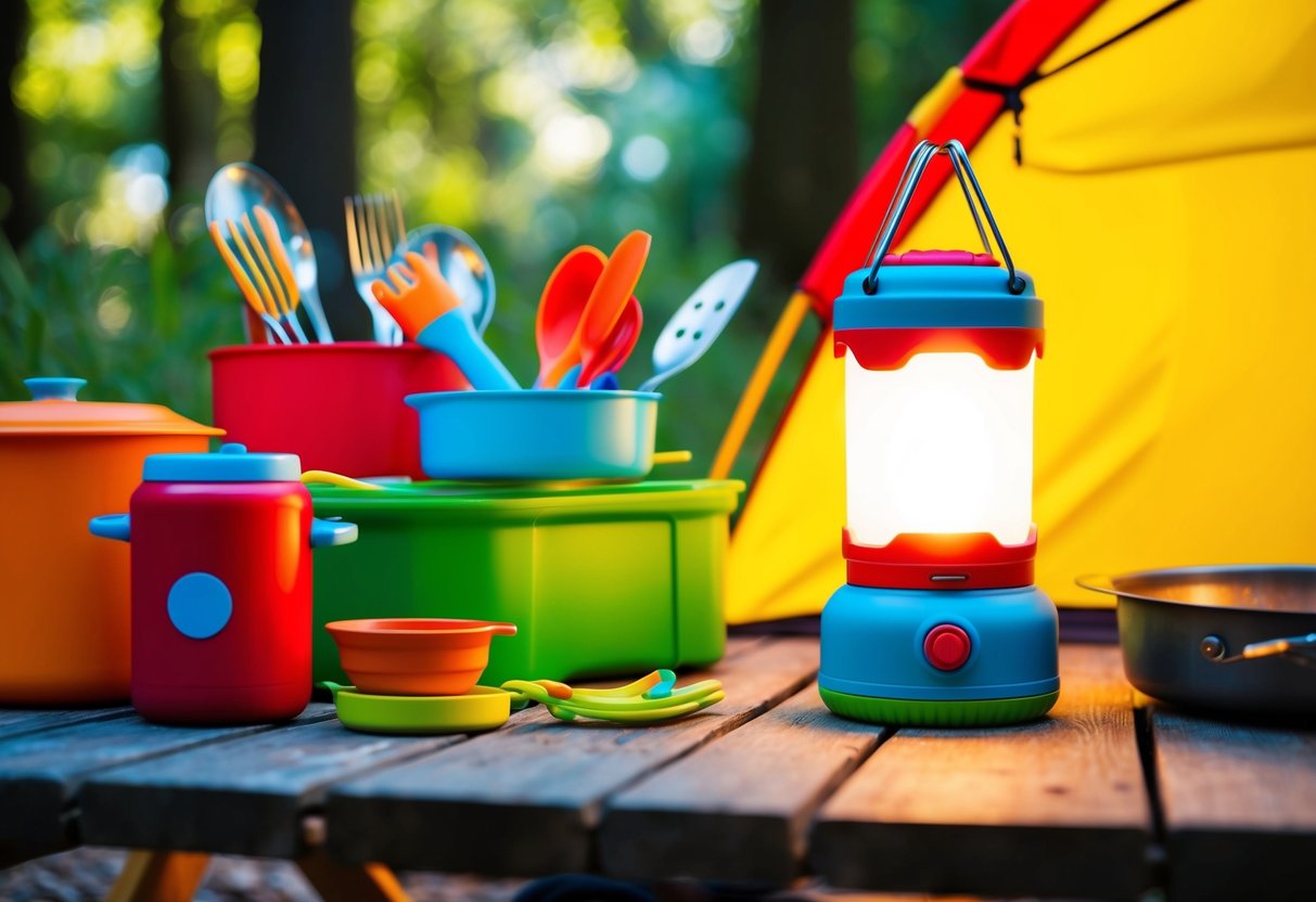 A family camping scene with a colorful rechargeable lantern illuminating a neatly packed camp kitchen with kid-friendly utensils and cookware