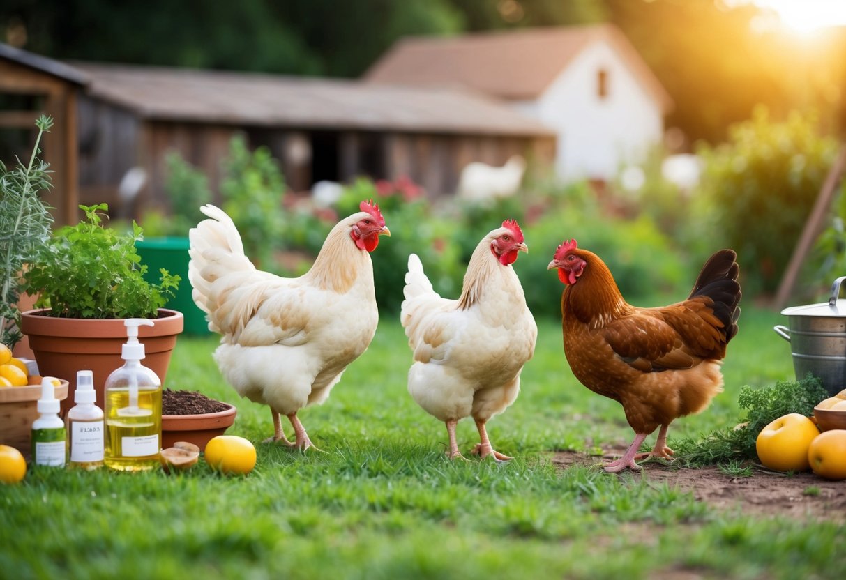 Een vredige boerderij met gezonde kippen, omringd door verschillende natuurlijke remedies zoals kruiden, planten en fruit