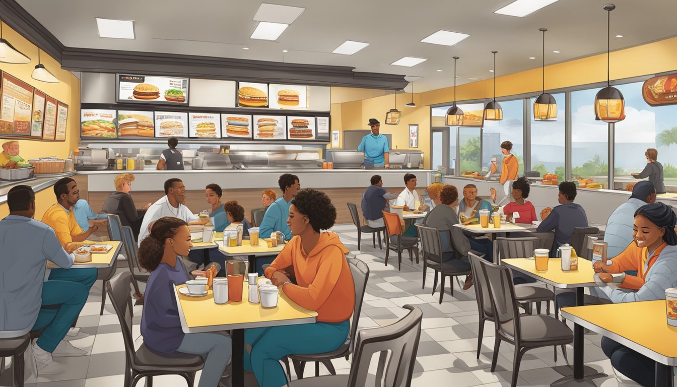 A bustling Carl's Jr. breakfast rush, with customers seated at clean tables, enjoying their meals with proper etiquette and manners