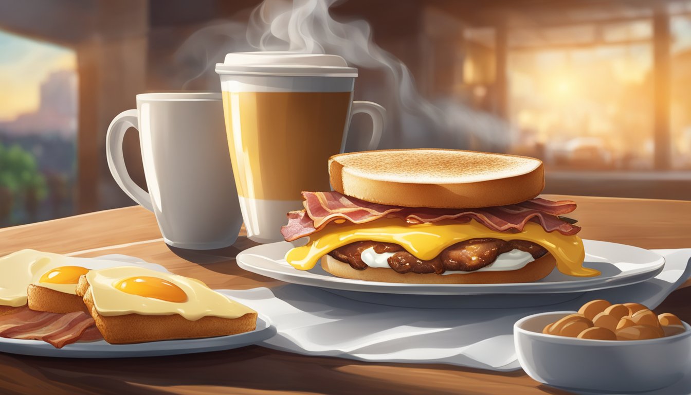 A sizzling breakfast sandwich sits on a plate, surrounded by steam rising from the freshly cooked eggs, bacon, and melted cheese. A cup of hot coffee completes the scene