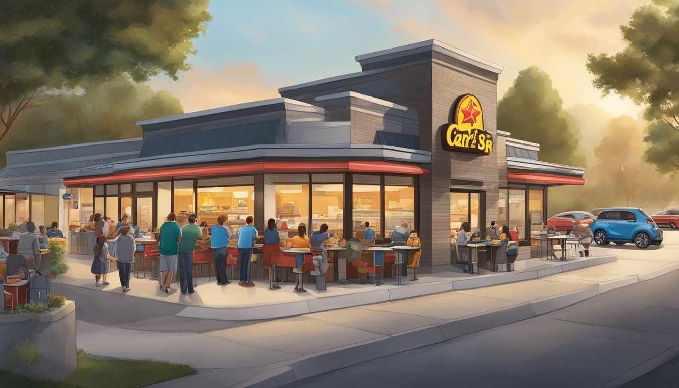 A bustling Carl's Jr. breakfast location with a drive-thru, outdoor seating, and a line of customers eagerly waiting to order their morning meals