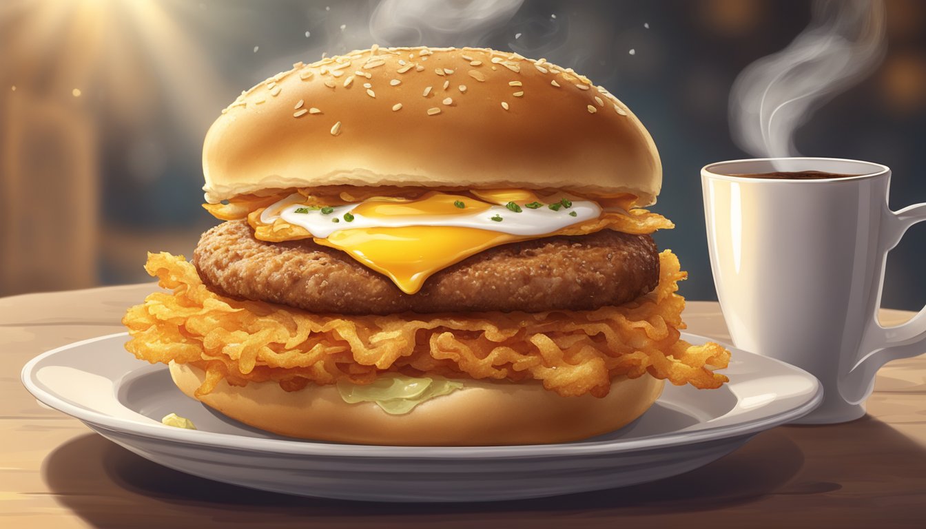 A sizzling breakfast sandwich on a glistening bun, surrounded by a halo of steam, with a side of crispy, golden hash browns and a steaming cup of coffee