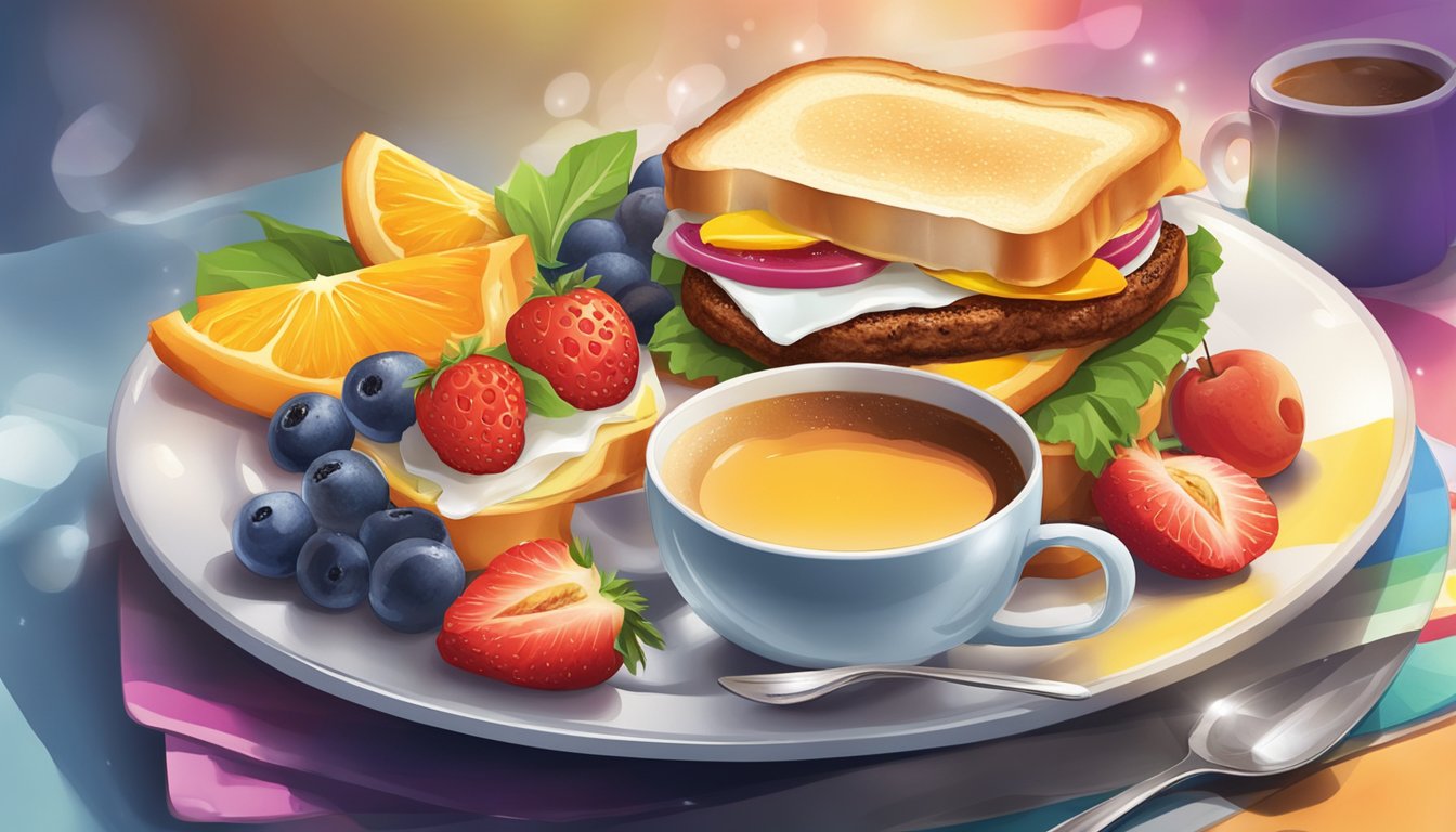 A sizzling breakfast sandwich sits on a glistening plate, surrounded by a colorful array of fresh fruits and a steaming cup of coffee