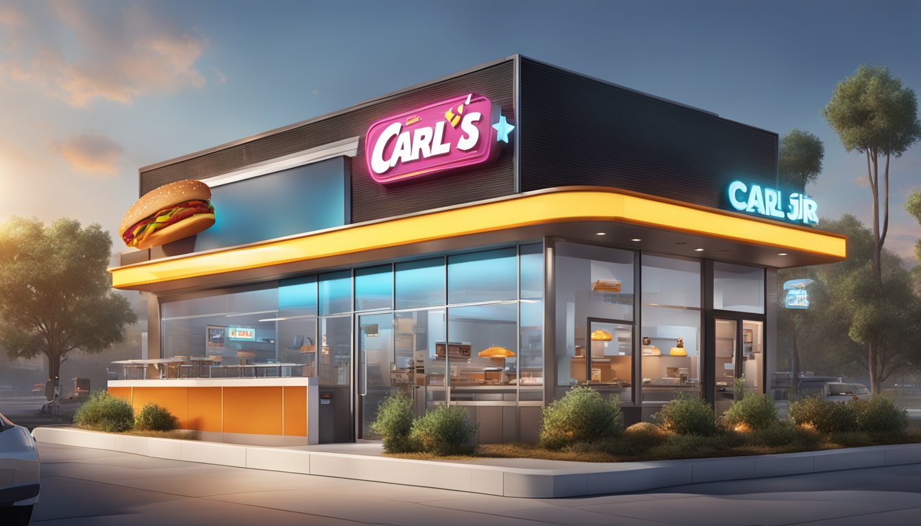 A futuristic Carl's Jr. restaurant with sleek, high-tech design and innovative breakfast menu items