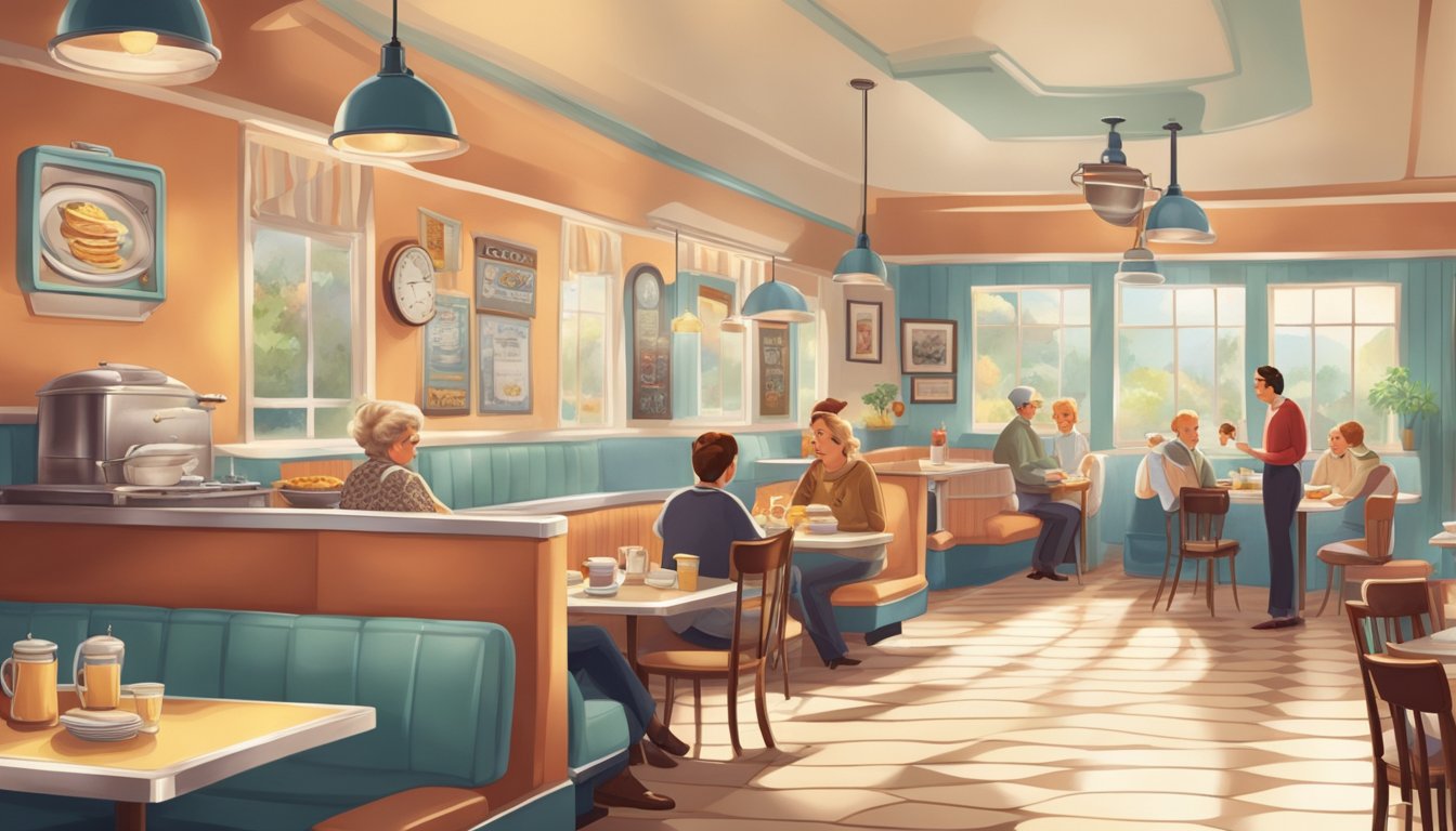 A cozy diner with retro decor, serving classic breakfast dishes. A mix of older and younger customers enjoy their meals, evoking a sense of nostalgia and comfort