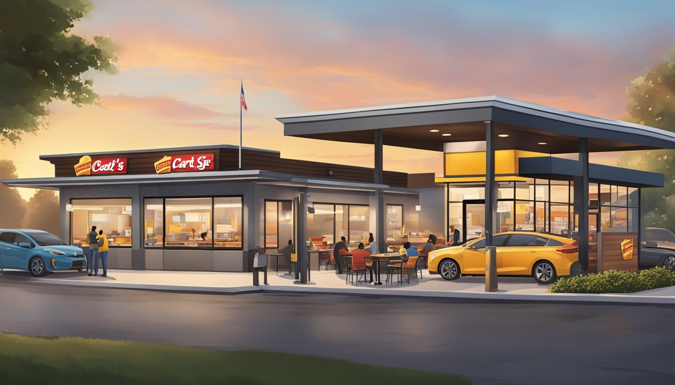 A bustling Carl's Jr. restaurant at sunrise, with a modern drive-thru and outdoor seating. A diverse group of customers enjoy breakfast sandwiches and coffee