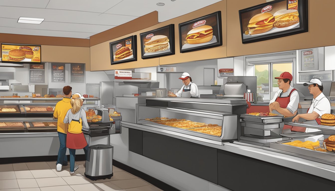 A bustling Carl's Jr. breakfast counter with sizzling bacon, eggs, and hashbrowns. Patrons enjoy their meals while reminiscing about past visits