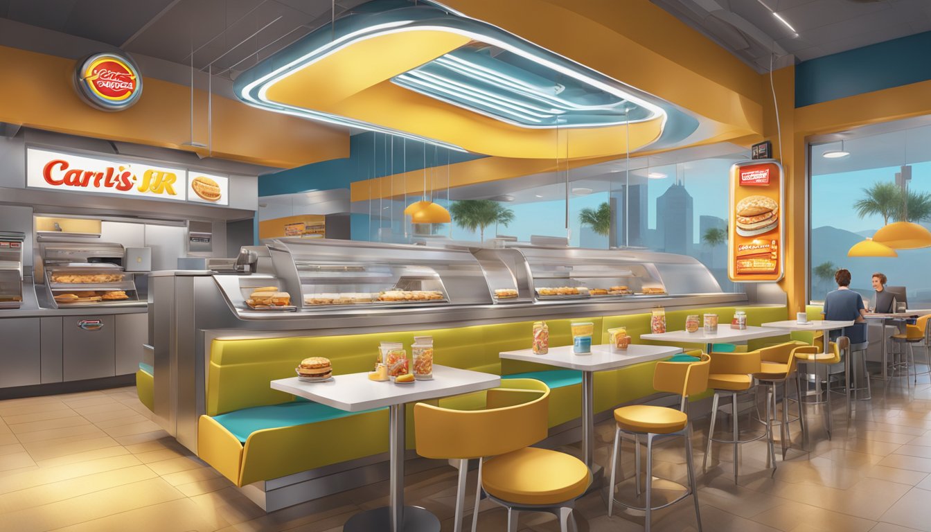 A futuristic breakfast scene at Carl's Jr. with innovative food items and modern technology