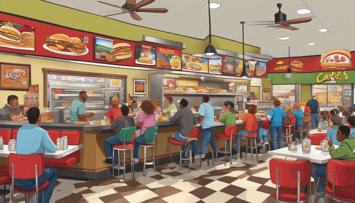 A bustling Carl's Jr. restaurant filled with diverse customers enjoying breakfast. The walls adorned with nostalgic memorabilia and community artwork