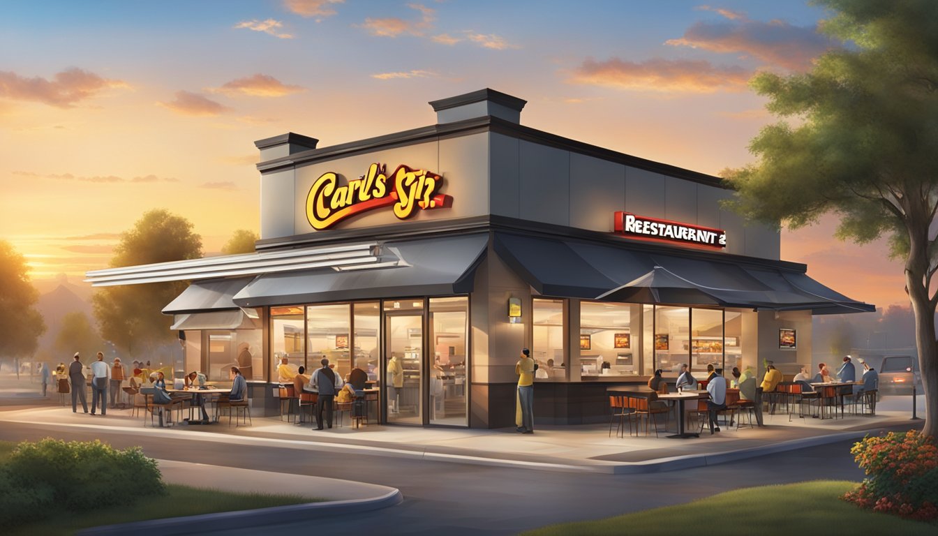 A bustling Carl's Jr. restaurant at sunrise, with efficient staff serving fresh, innovative breakfast items to a line of satisfied customers