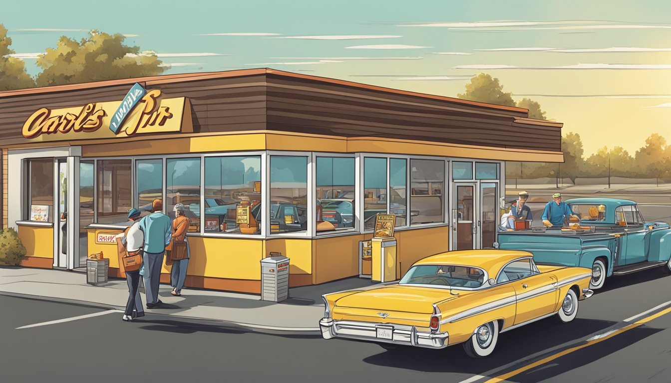 A sunny morning at a bustling Carl's Jr. drive-thru, with customers eagerly picking up breakfast orders from a retro-style window. A vintage car parked in the foreground adds to the nostalgic atmosphere