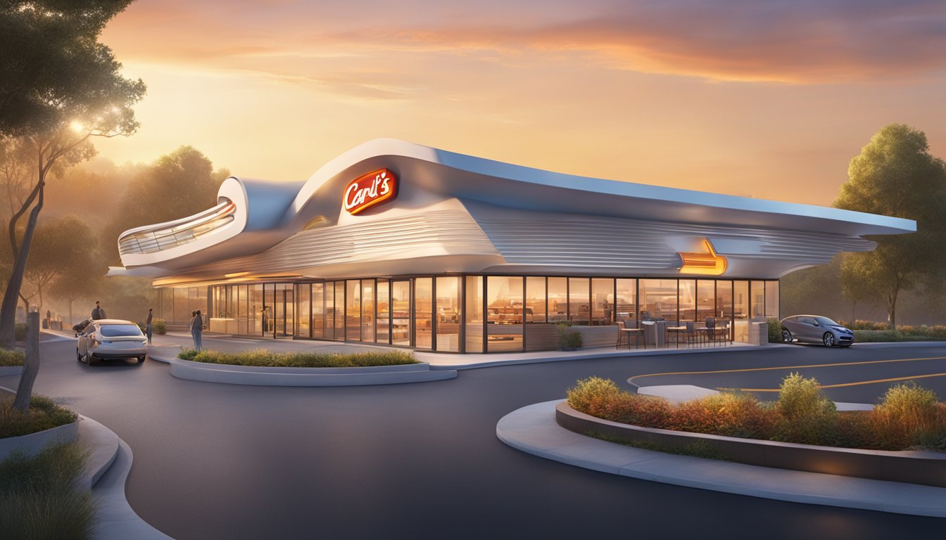 A sunrise over a winding road, leading to a futuristic Carl's Jr. restaurant with sleek architecture and innovative breakfast offerings