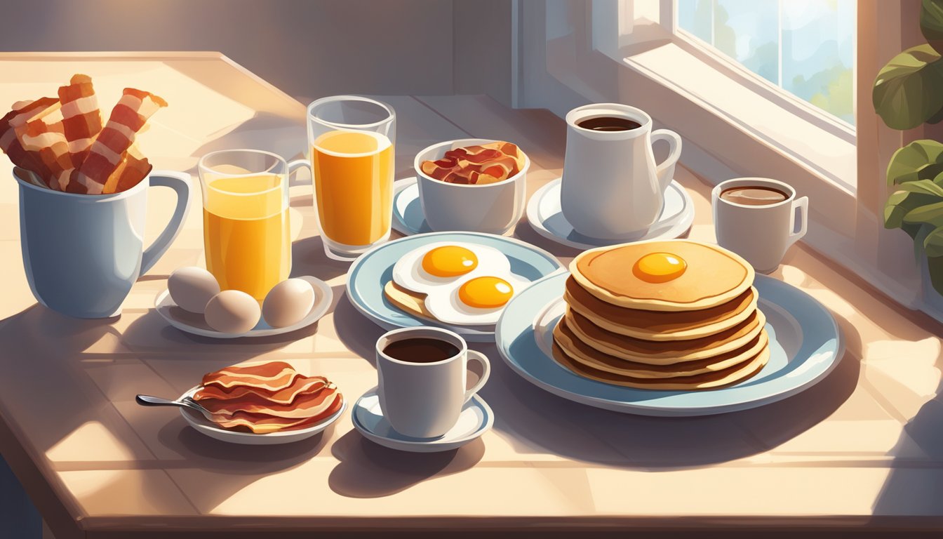 A table set with a breakfast spread of pancakes, eggs, bacon, and coffee. The morning sunlight streams through the window, casting a warm glow over the meal