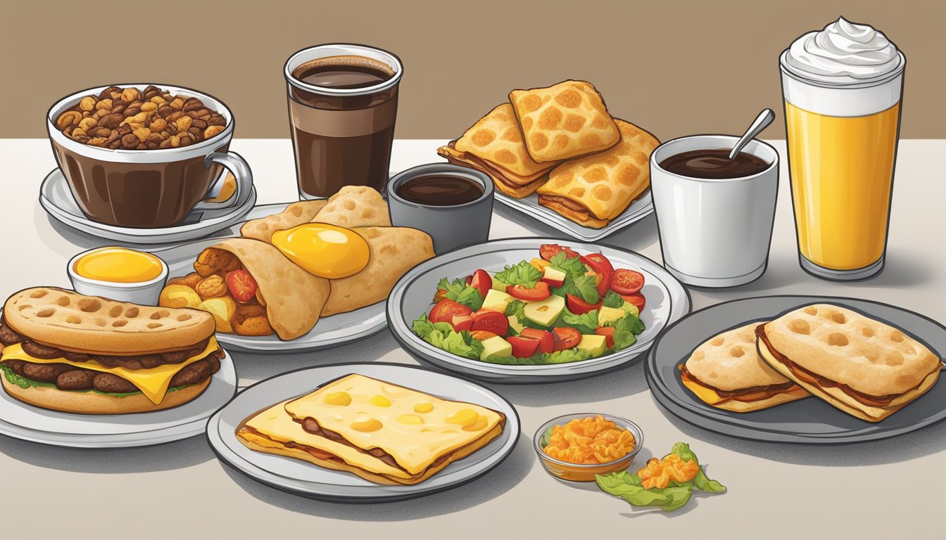 A table set with a variety of breakfast items, including biscuits, burritos, and coffee, displayed on a budget-friendly menu at Carl's Jr