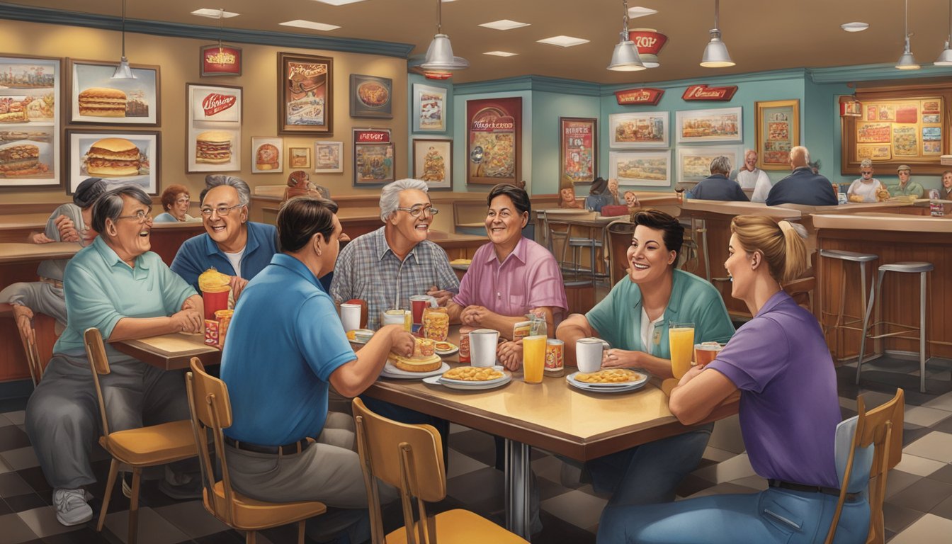 A group of adults gather around a table at Carl's Jr., enjoying breakfast while surrounded by nostalgic memorabilia from the restaurant's history