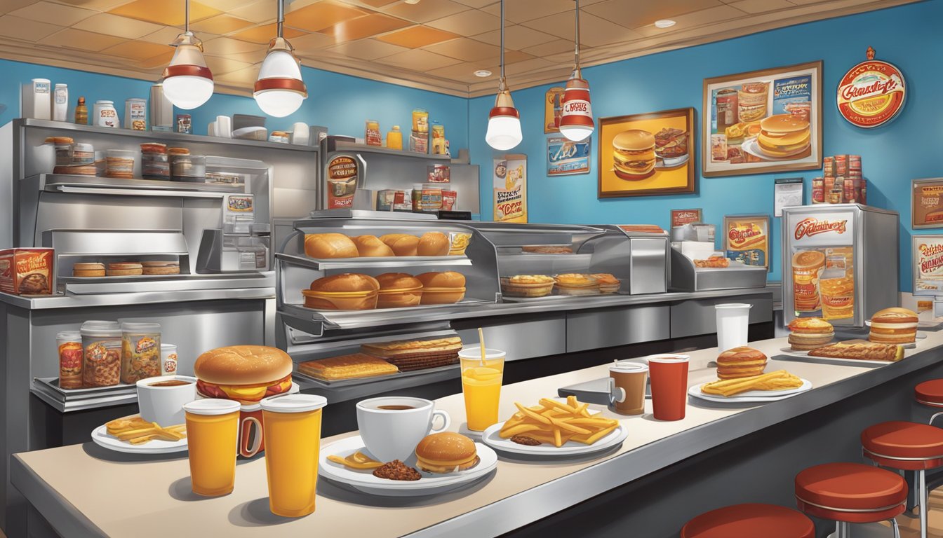 A bustling Carl's Jr. breakfast scene with nostalgic memorabilia on display, and extras like coffee mugs and branded merchandise