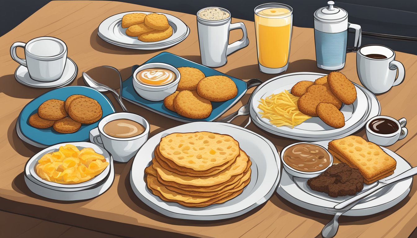 A table set with a variety of breakfast items including biscuits, hash browns, and coffee, all displayed with pricing information