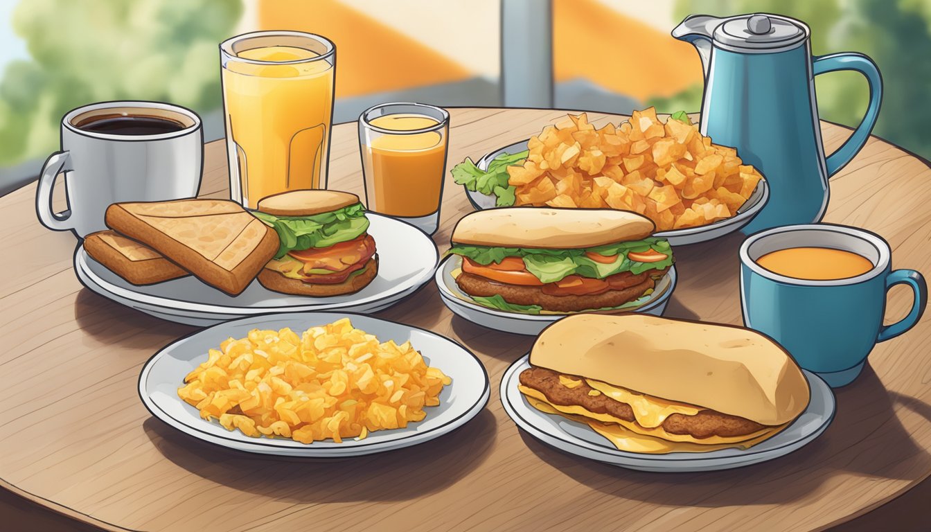 A colorful spread of breakfast items on a table, including a breakfast burrito, hash browns, and a breakfast sandwich, with a cup of coffee and orange juice