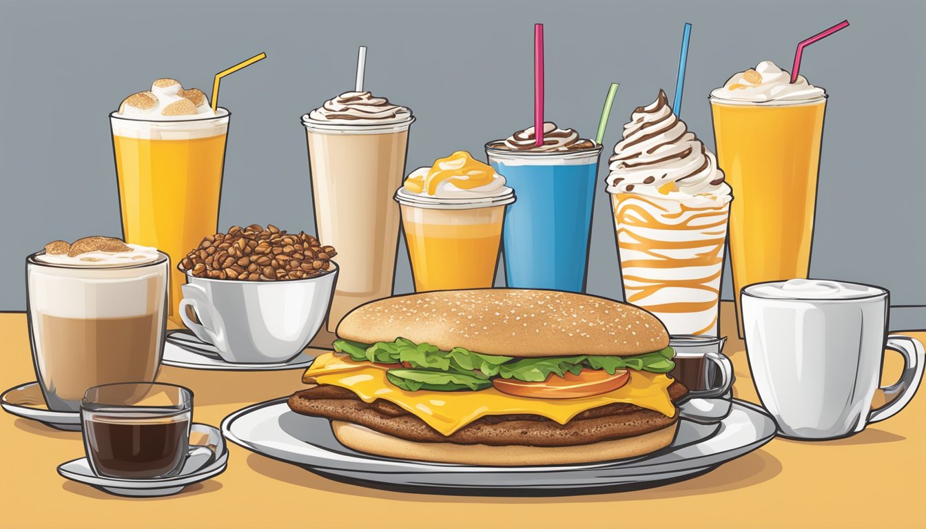 A table set with a variety of breakfast beverages, including coffee, orange juice, and milkshakes, alongside a customized Carl's Jr. breakfast order