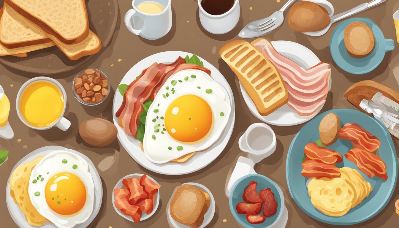 A colorful breakfast spread with various food items, including eggs, bacon, and toast, with a focus on nutritional information labels and dietary considerations