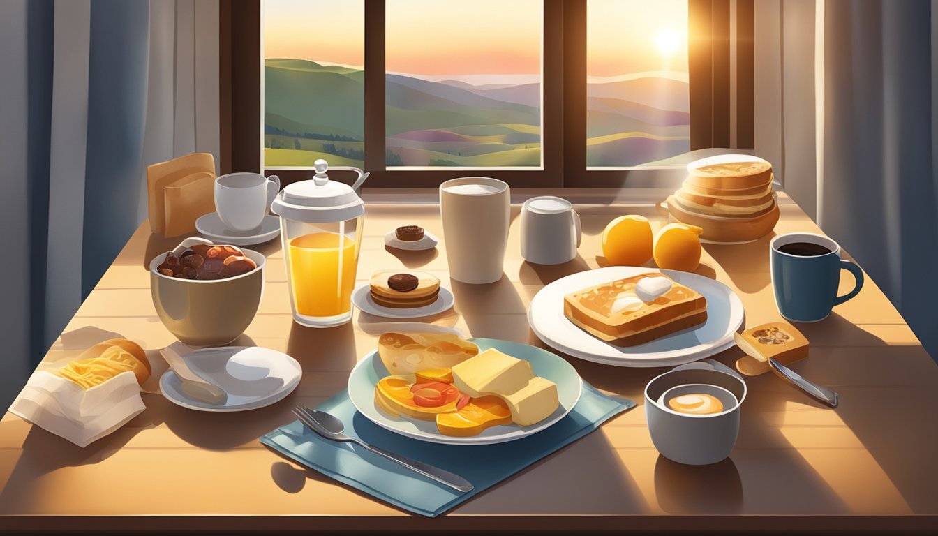 A table with a variety of breakfast items and a loyalty card displayed prominently. Sunrise streaming through a window