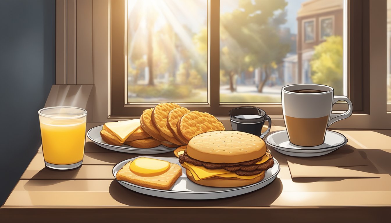 A table set with a tray of Carl's Jr. breakfast items, including a biscuit sandwich, hash browns, and a cup of coffee, with the morning sunlight streaming in through a window