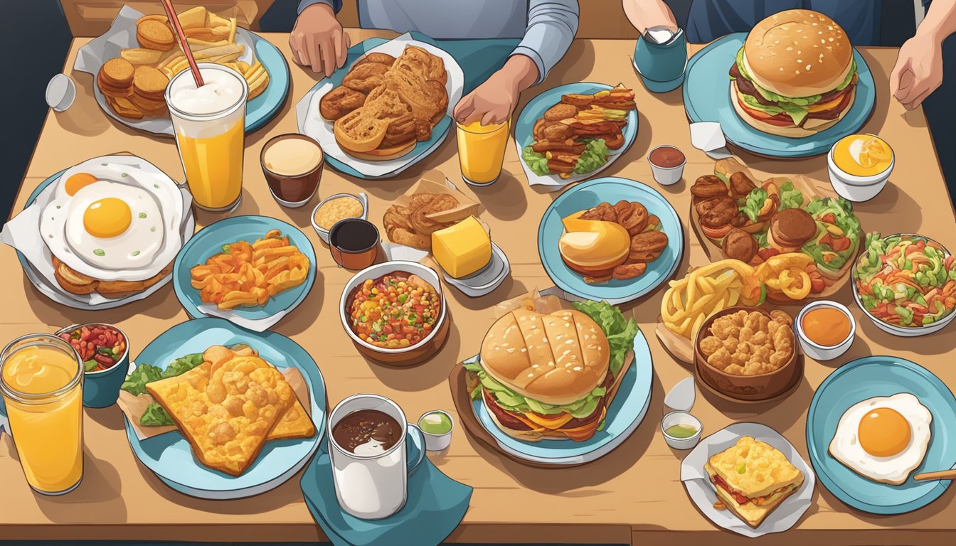 A table with a variety of breakfast items from Carl's Jr. surrounded by happy customers redeeming rewards