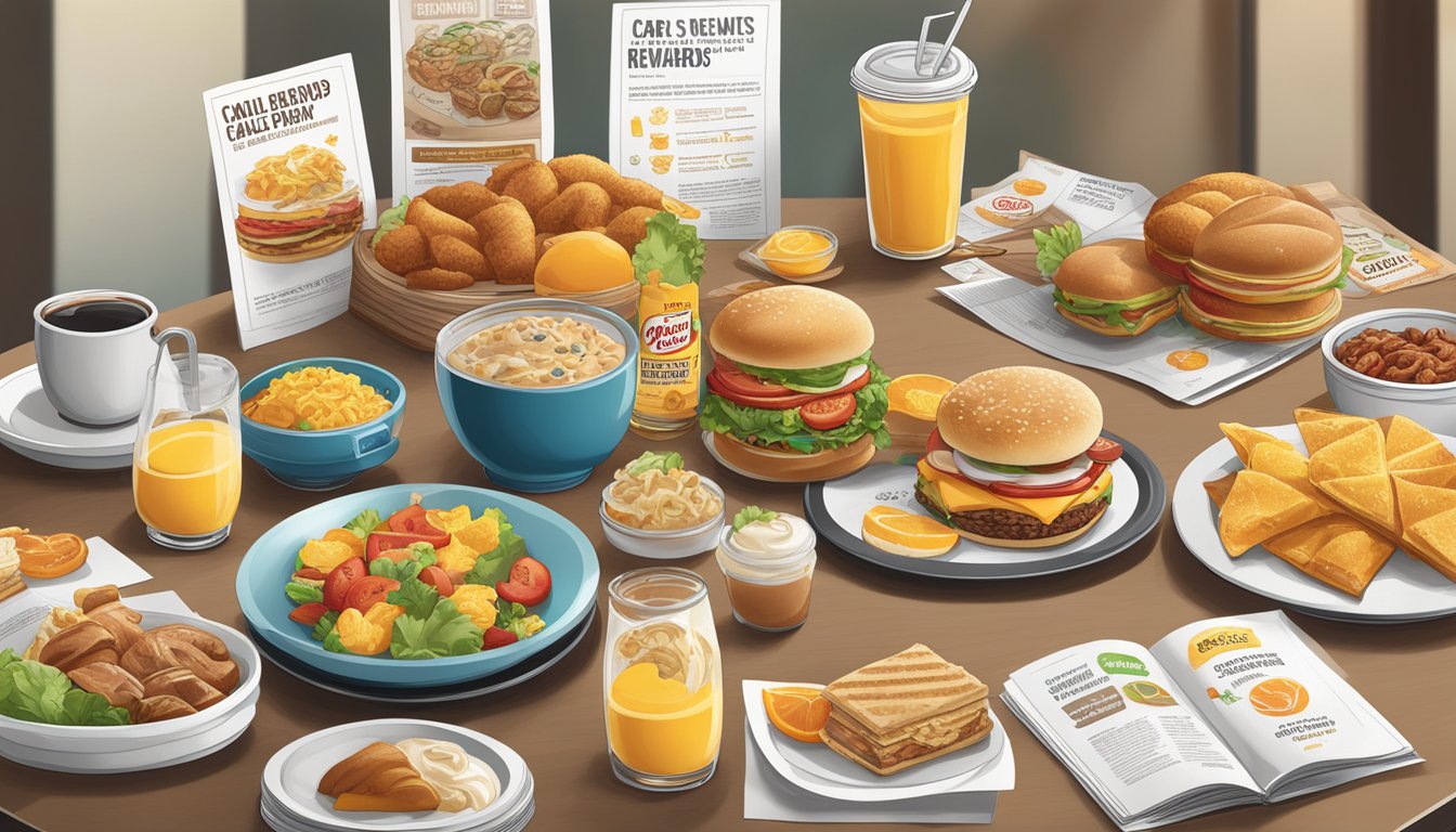 A table with a variety of healthy breakfast options, surrounded by informational posters and brochures about Carl's Jr.'s rewards program